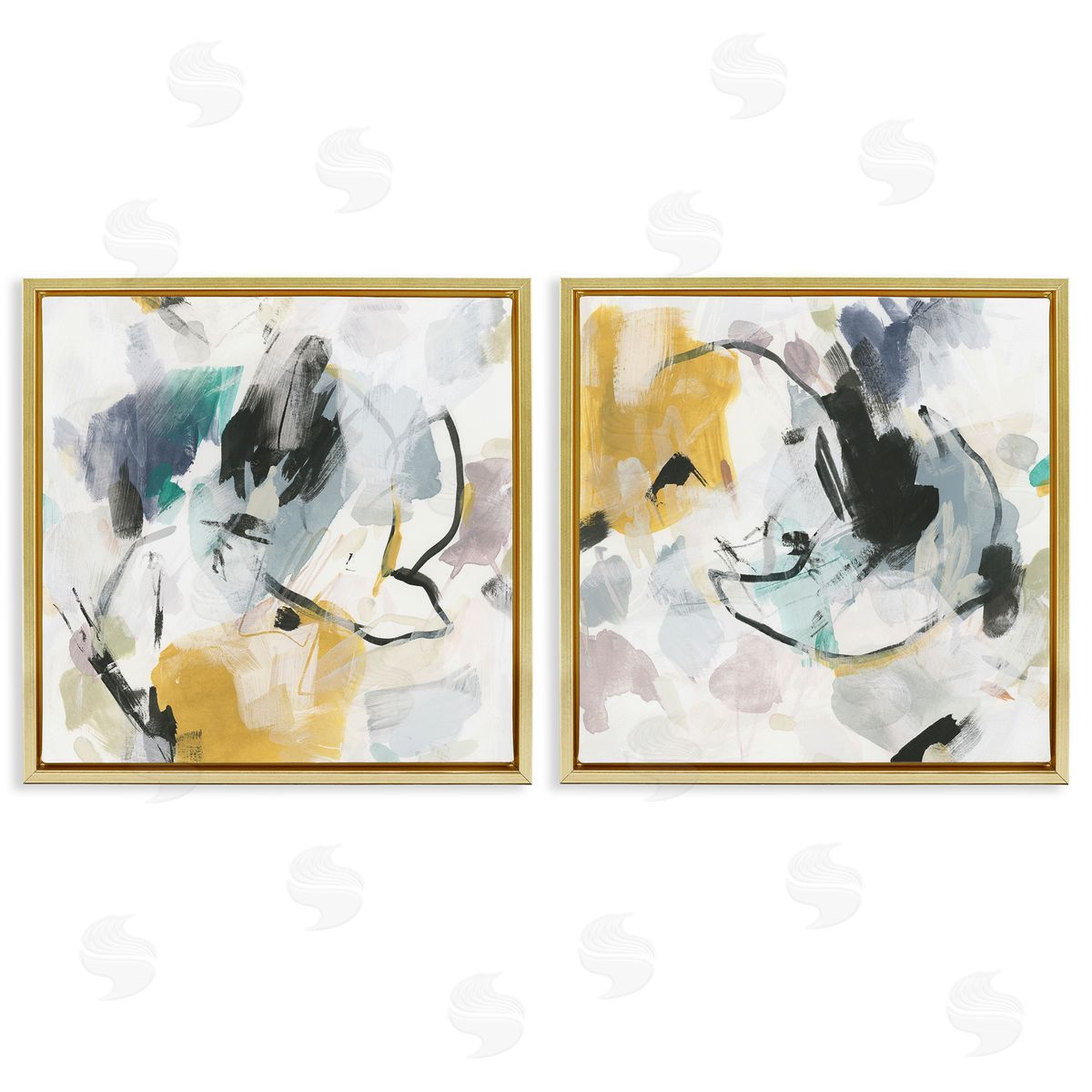 June Erica Vess Black & Yellow Abstract Splash Gold Floating Frame Canvas Wall Art Print