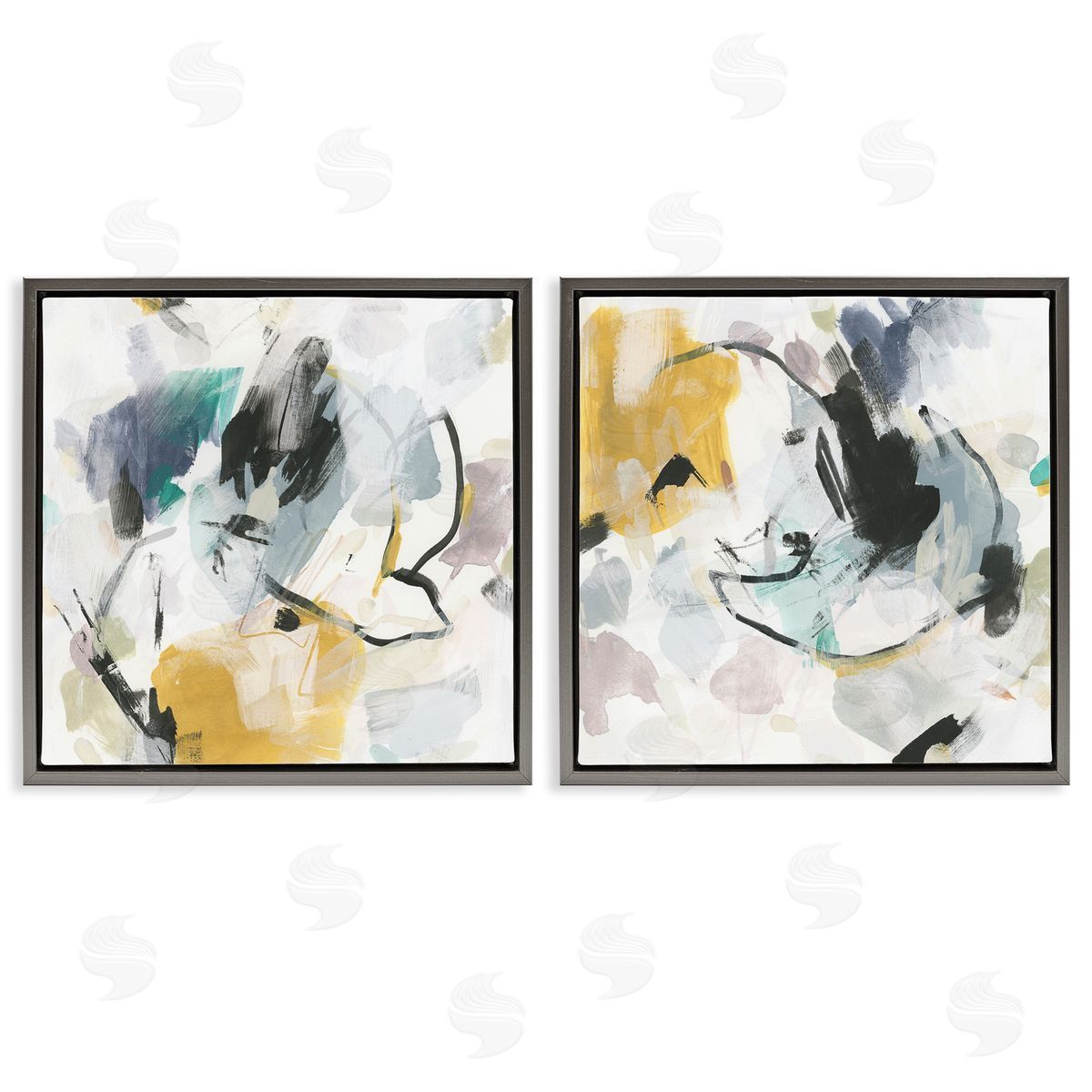 June Erica Vess Black & Yellow Abstract Splash Gray Floating Frame Canvas Wall Art Print