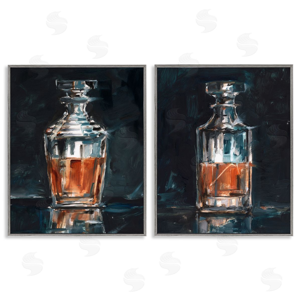 Ethan Harper Abstract Whiskey Decanters Gray Framed Giclee Wall Art Print