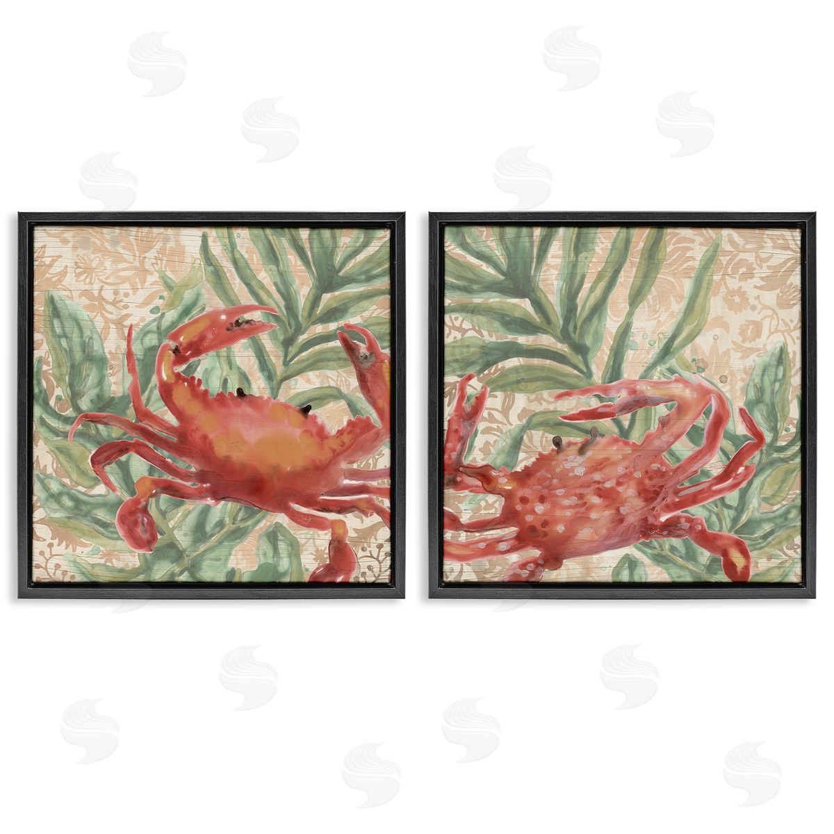 June Erica Vess Red Crab & Seaweed  Black Floating Frame Canvas Wall Art Print