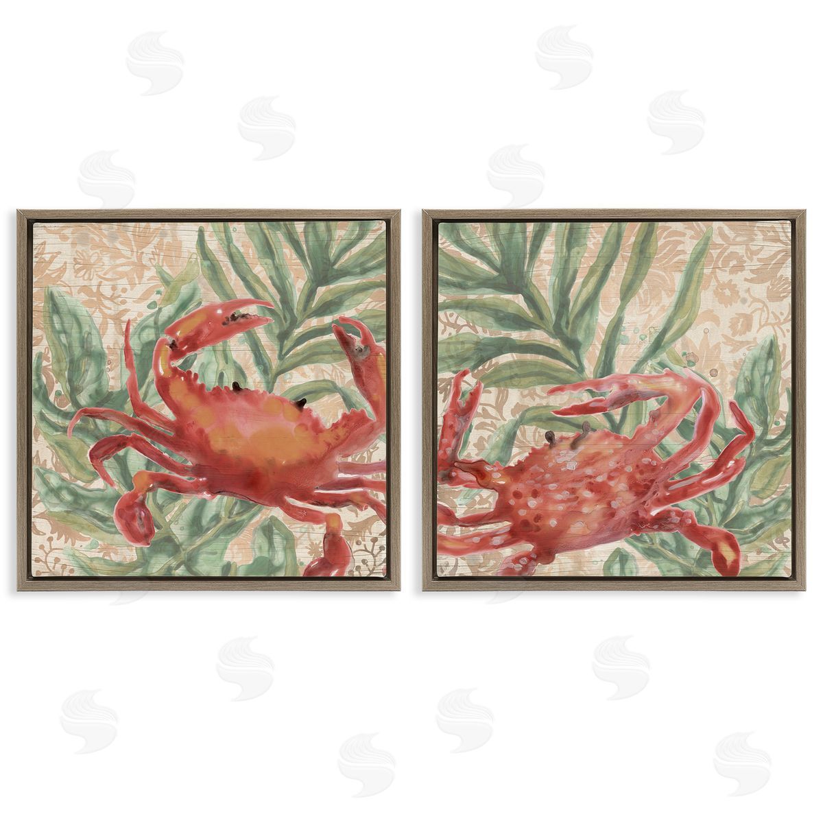 June Erica Vess Red Crab & Seaweed  Brown Floating Frame Canvas Wall Art Print