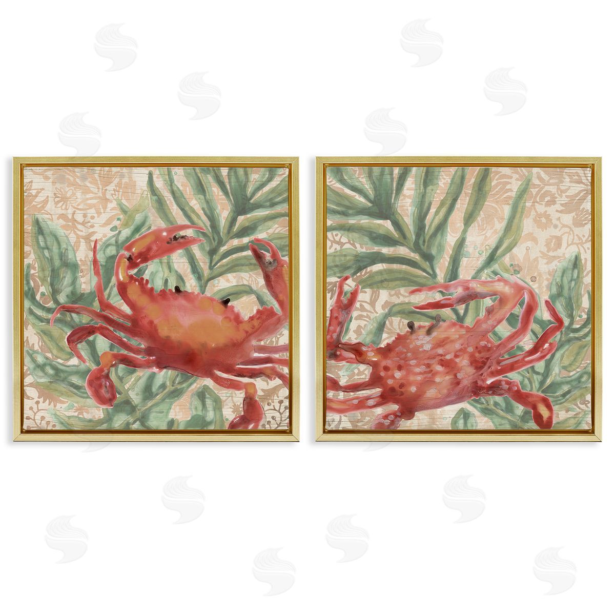 June Erica Vess Red Crab & Seaweed  Gold Floating Frame Canvas Wall Art Print