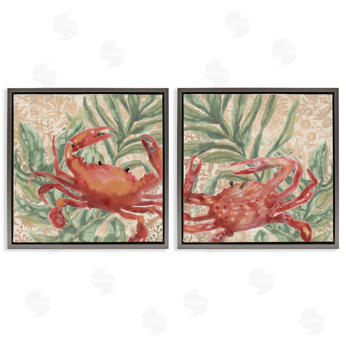 June Erica Vess Red Crab & Seaweed  Gray Floating Frame Canvas Wall Art Print