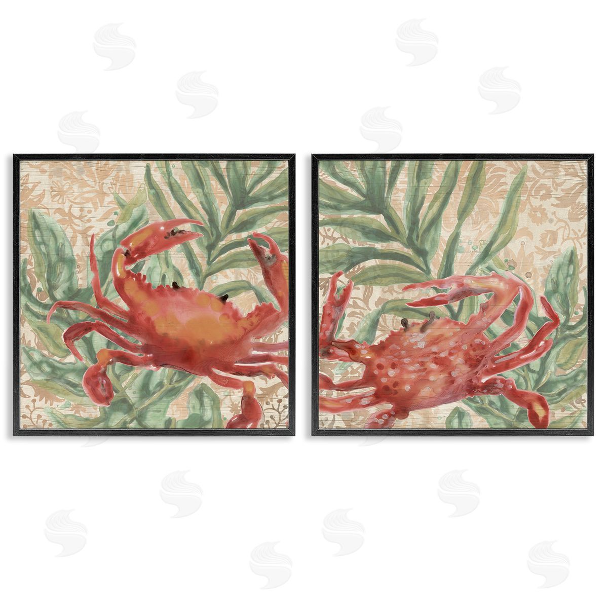 June Erica Vess Red Crab & Seaweed  Black Framed Giclee Wall Art Print