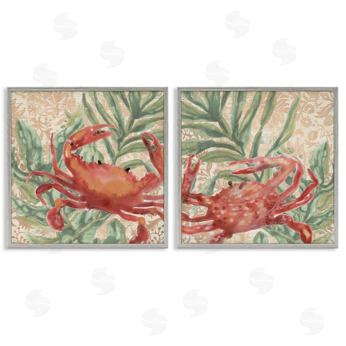 June Erica Vess Red Crab & Seaweed  Gray Framed Giclee Wall Art Print