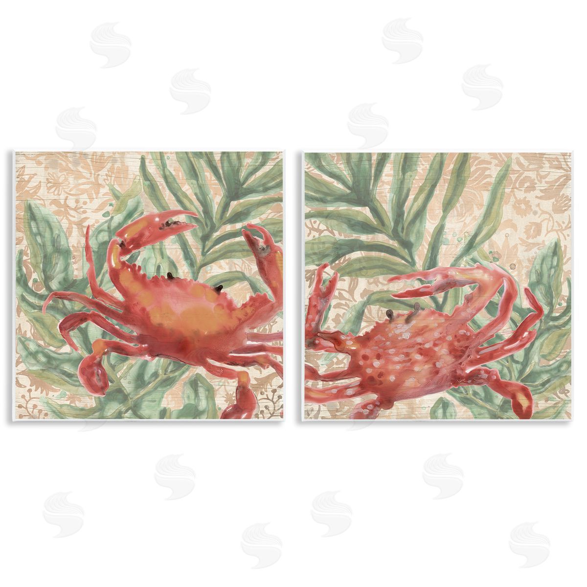 June Erica Vess Red Crab & Seaweed  Wooden Wall Plaque Art Print