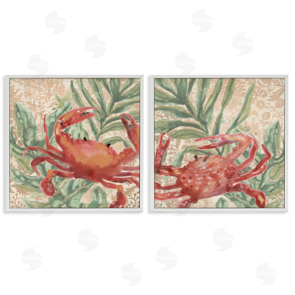 June Erica Vess Red Crab & Seaweed  White Framed Giclee Wall Art Print