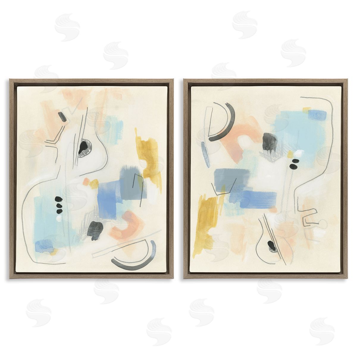 June Erica Vess Pastel Shapes Lines Patches  Brown Floating Frame Canvas Wall Art Print