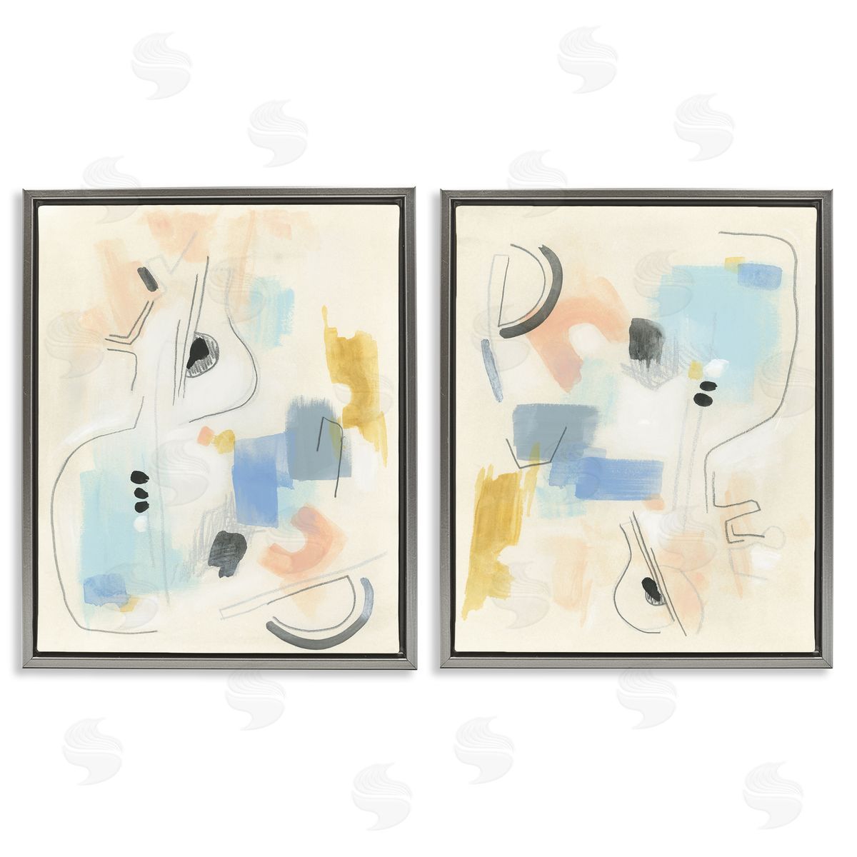 June Erica Vess Pastel Shapes Lines Patches  Gray Floating Frame Canvas Wall Art Print