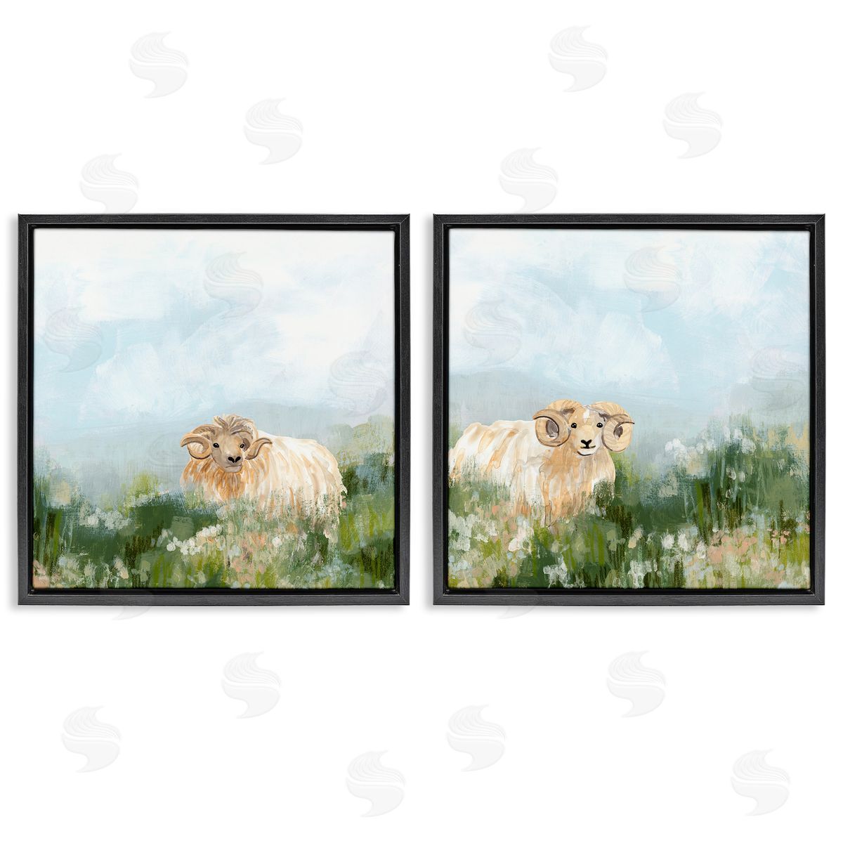 June Erica Vess Curly-Horned Sheep Field Black Floating Frame Canvas Wall Art Print