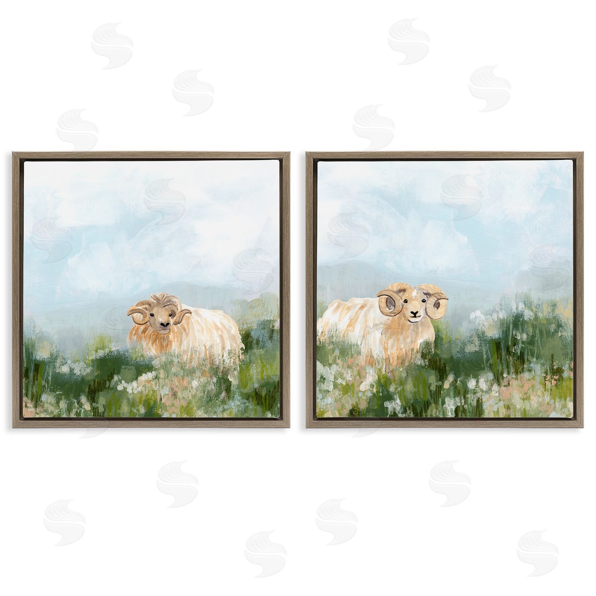 June Erica Vess Curly-Horned Sheep Field Brown Floating Frame Canvas Wall Art Print