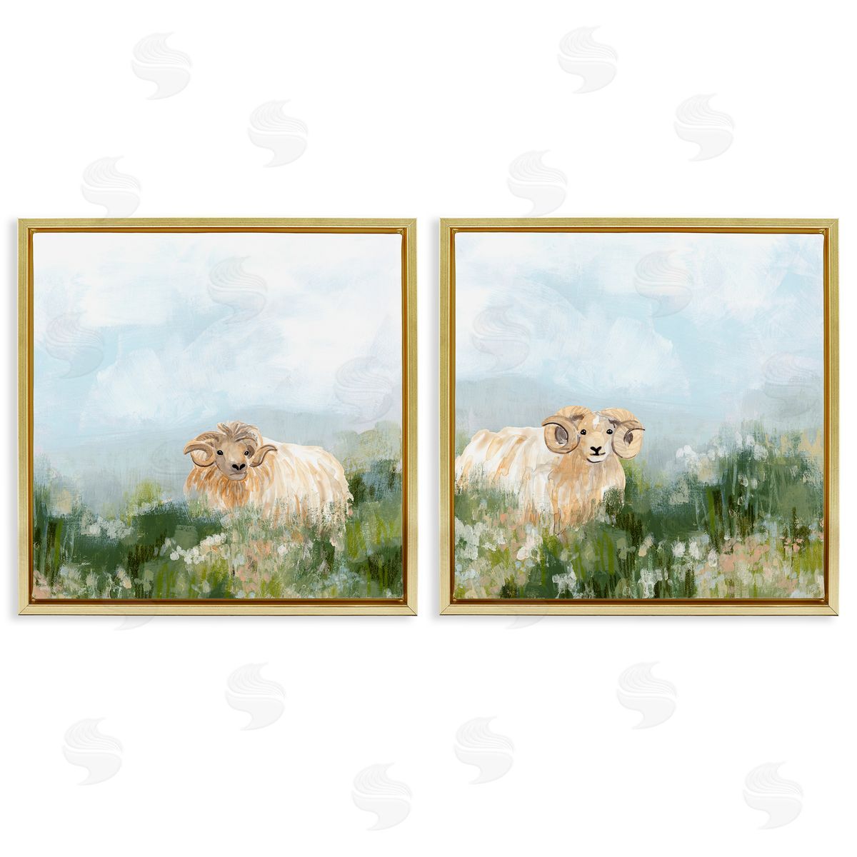 June Erica Vess Curly-Horned Sheep Field Gold Floating Frame Canvas Wall Art Print