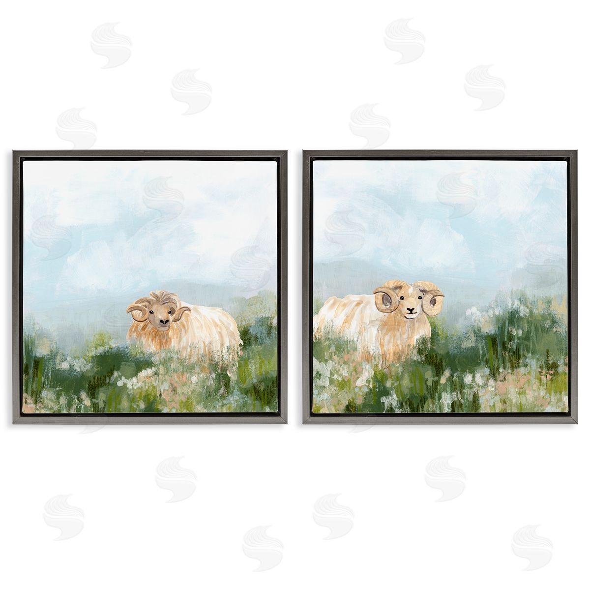 June Erica Vess Curly-Horned Sheep Field Gray Floating Frame Canvas Wall Art Print