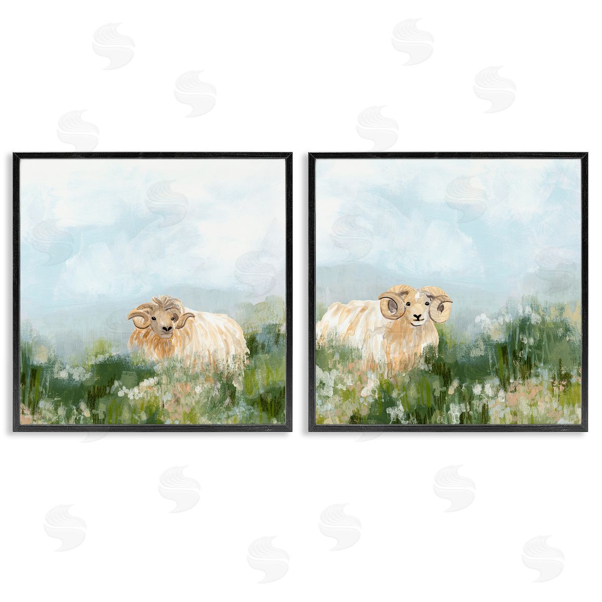 June Erica Vess Curly-Horned Sheep Field Black Framed Giclee Wall Art Print
