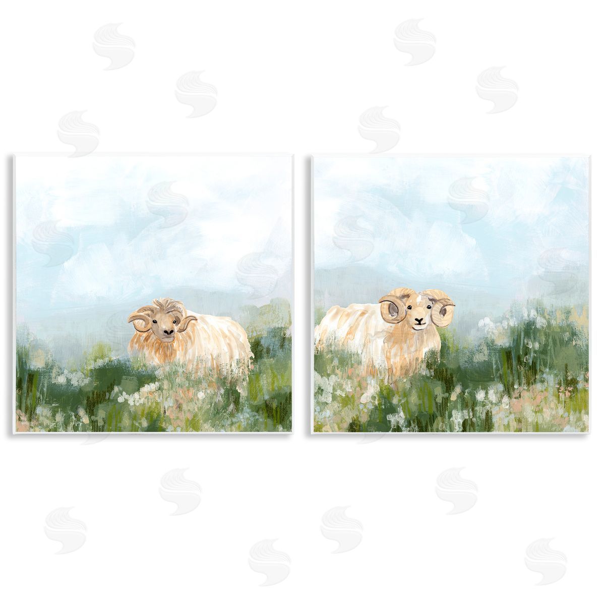 June Erica Vess Curly-Horned Sheep Field Wooden Wall Plaque Art Print