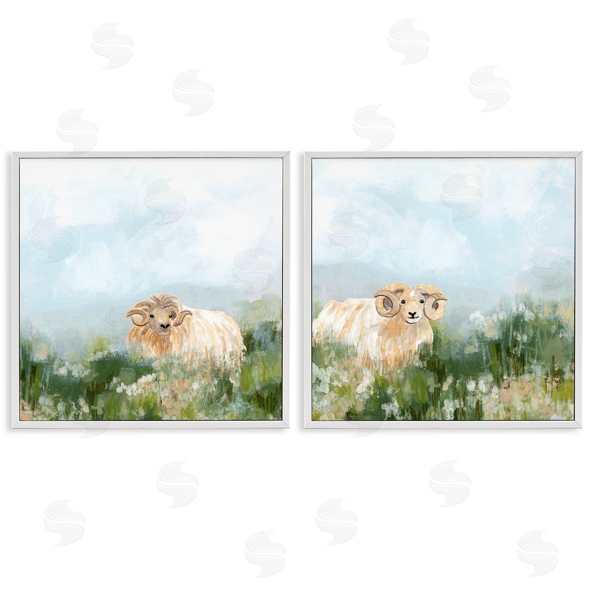June Erica Vess Curly-Horned Sheep Field White Framed Giclee Wall Art Print