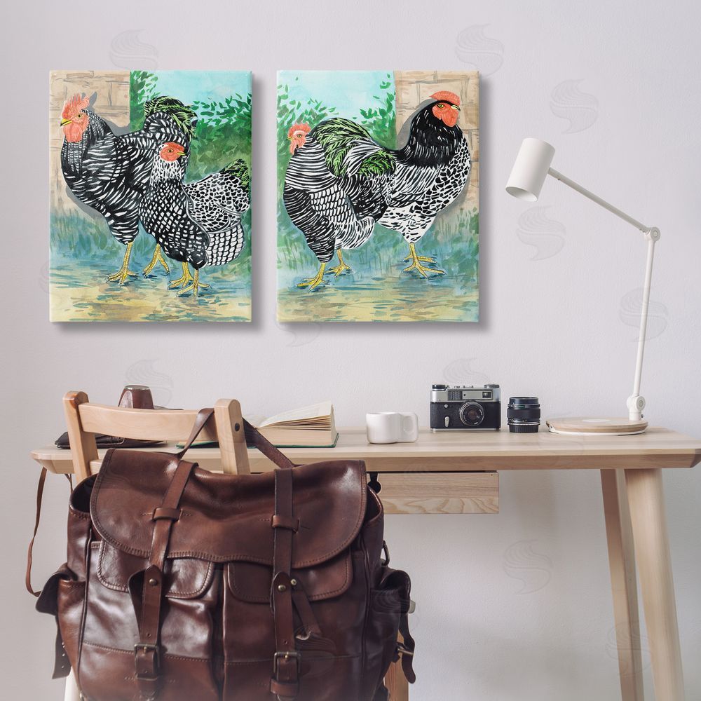 Melissa Wang Rooster and Hen Foraging Canvas Wall Art Print in Room