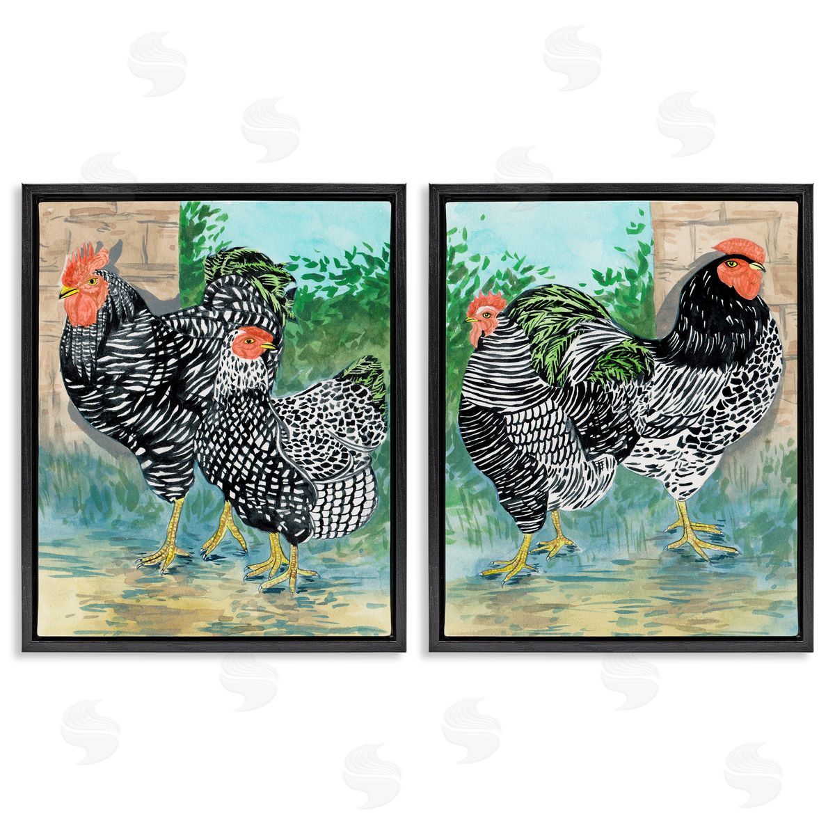 Melissa Wang Rooster and Hen Foraging Black Floating Frame Canvas Wall Art Print