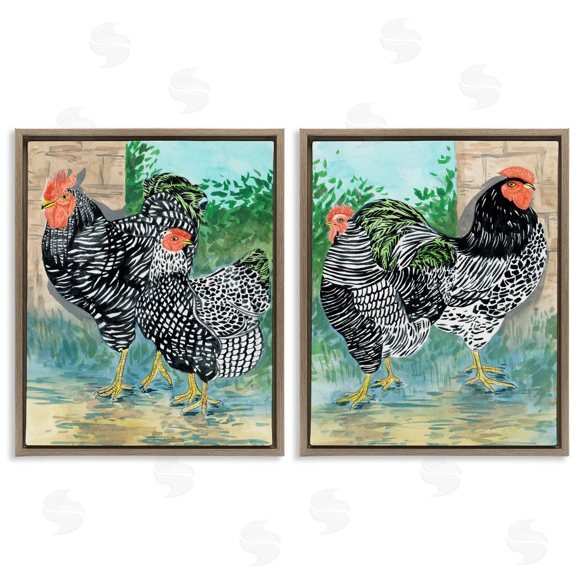 Melissa Wang Rooster and Hen Foraging Brown Floating Frame Canvas Wall Art Print
