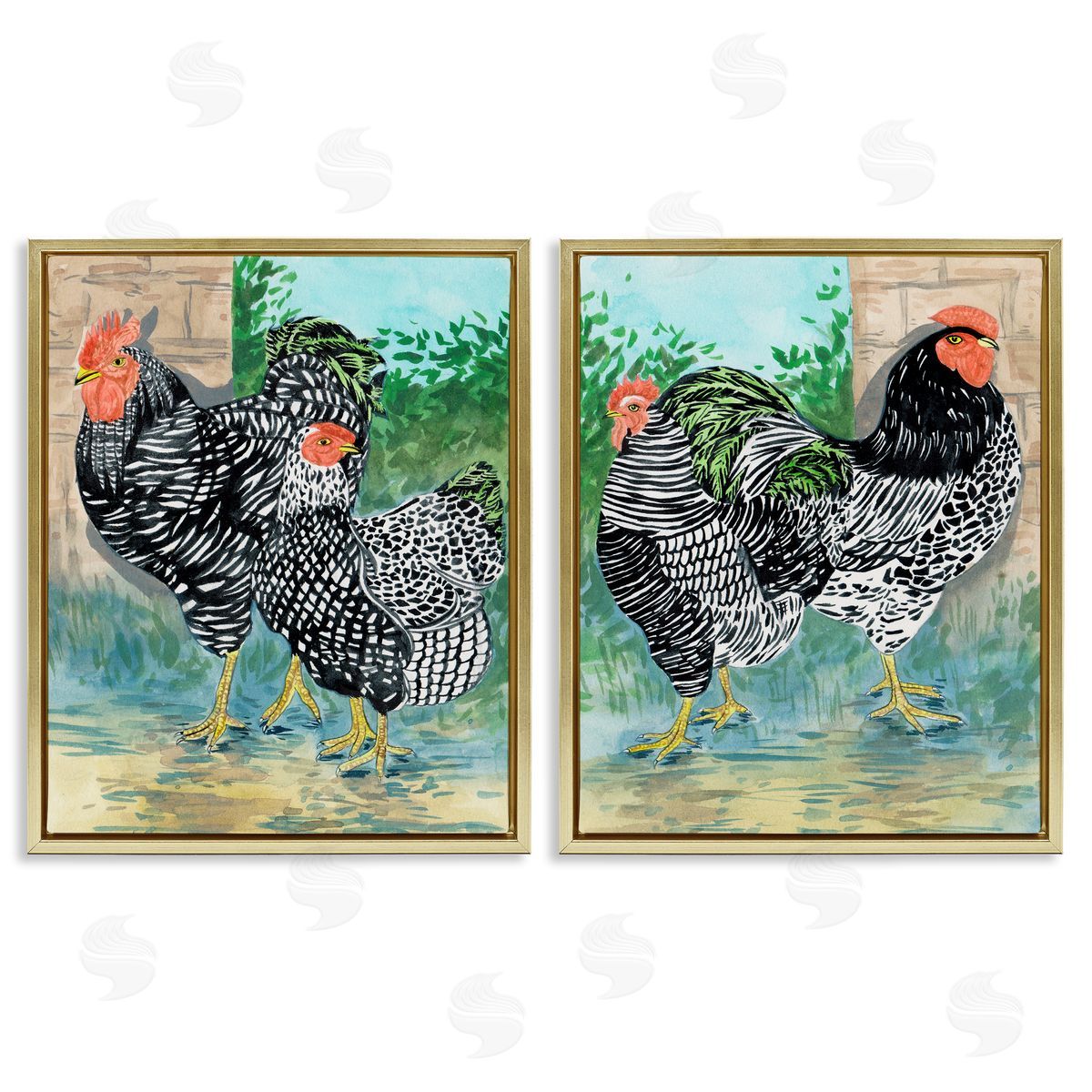 Melissa Wang Rooster and Hen Foraging Gold Floating Frame Canvas Wall Art Print