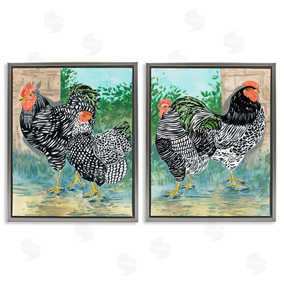 Melissa Wang Rooster and Hen Foraging Gray Floating Frame Canvas Wall Art Print