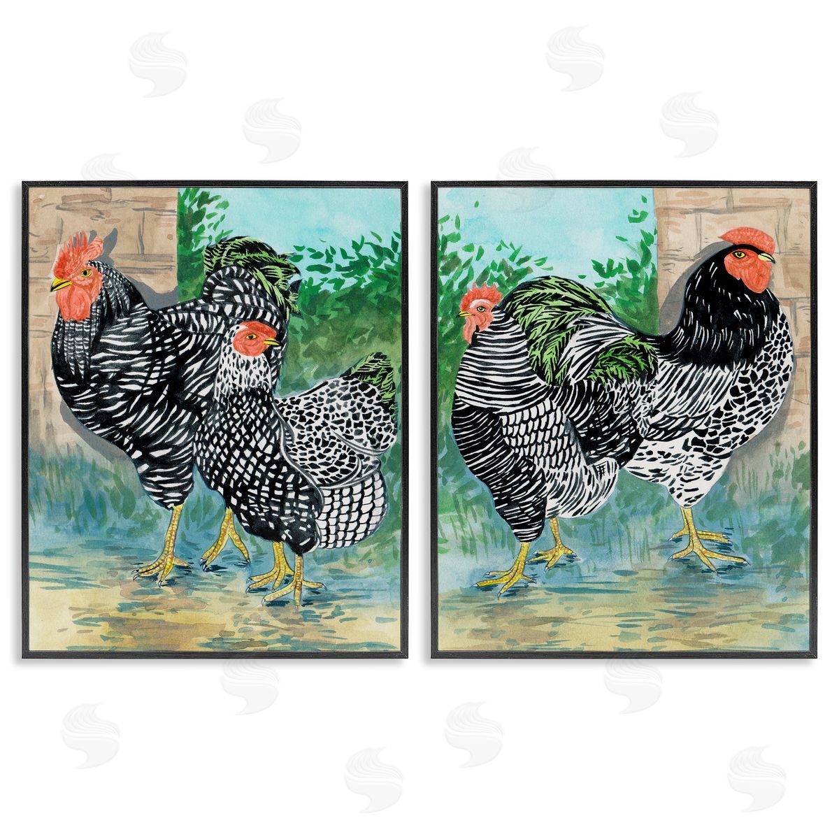 Melissa Wang Rooster and Hen Foraging Black Framed Giclee Wall Art Print