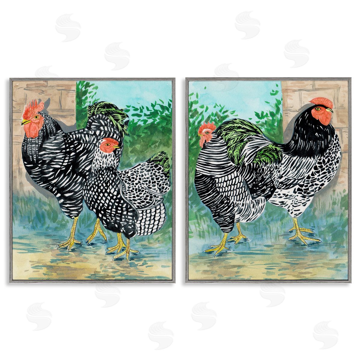 Melissa Wang Rooster and Hen Foraging Gray Framed Giclee Wall Art Print
