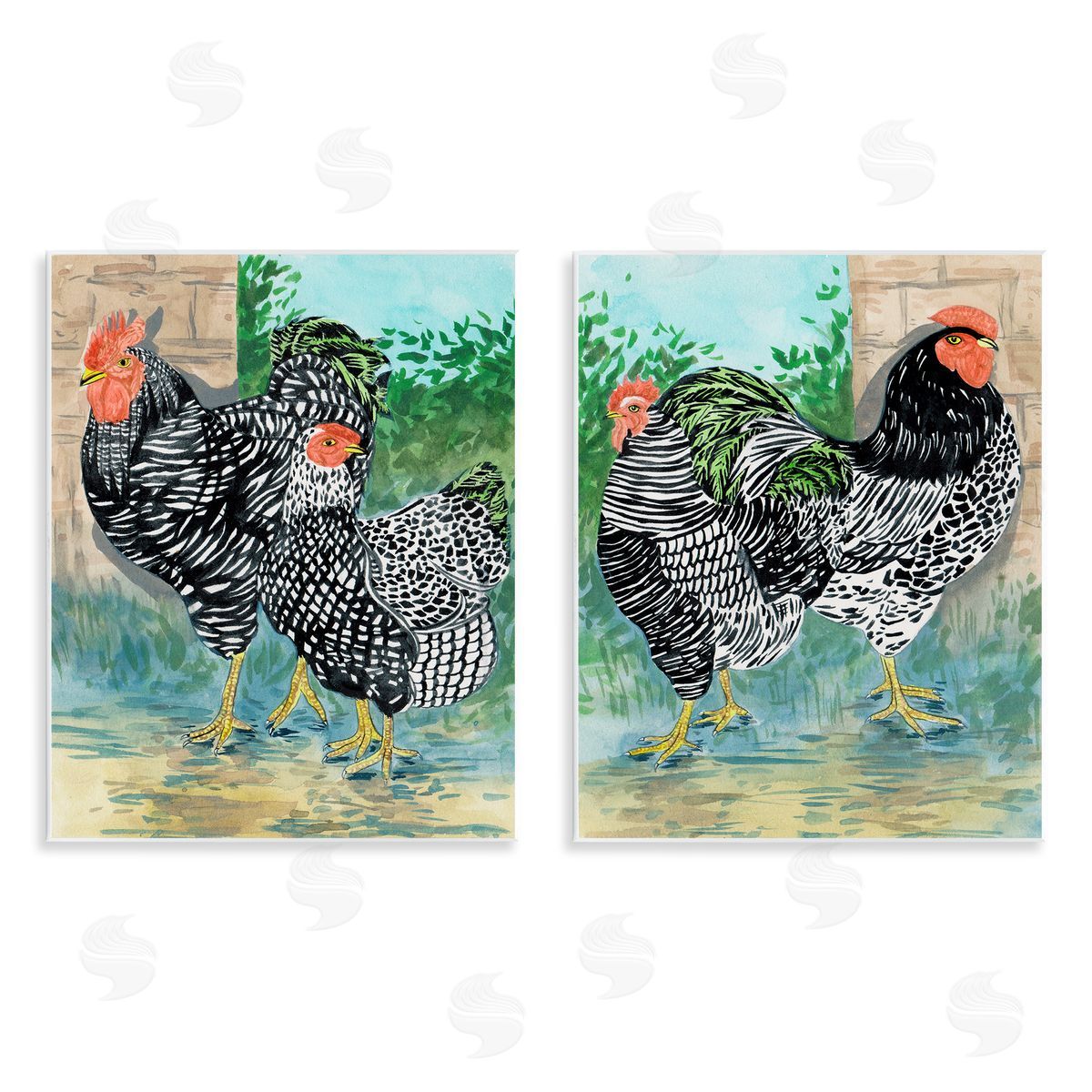 Melissa Wang Rooster and Hen Foraging Wooden Wall Plaque Art Print