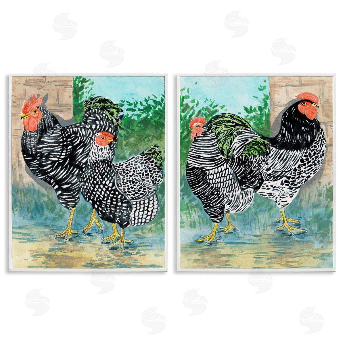 Melissa Wang Rooster and Hen Foraging White Framed Giclee Wall Art Print
