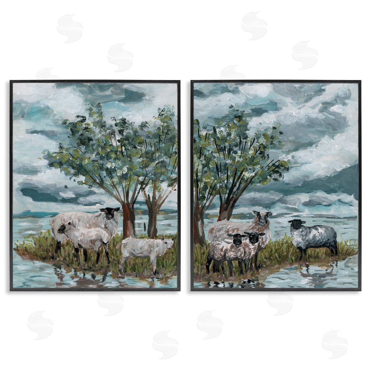 Melissa Wang Sheep in Field  Black Framed Giclee Wall Art Print
