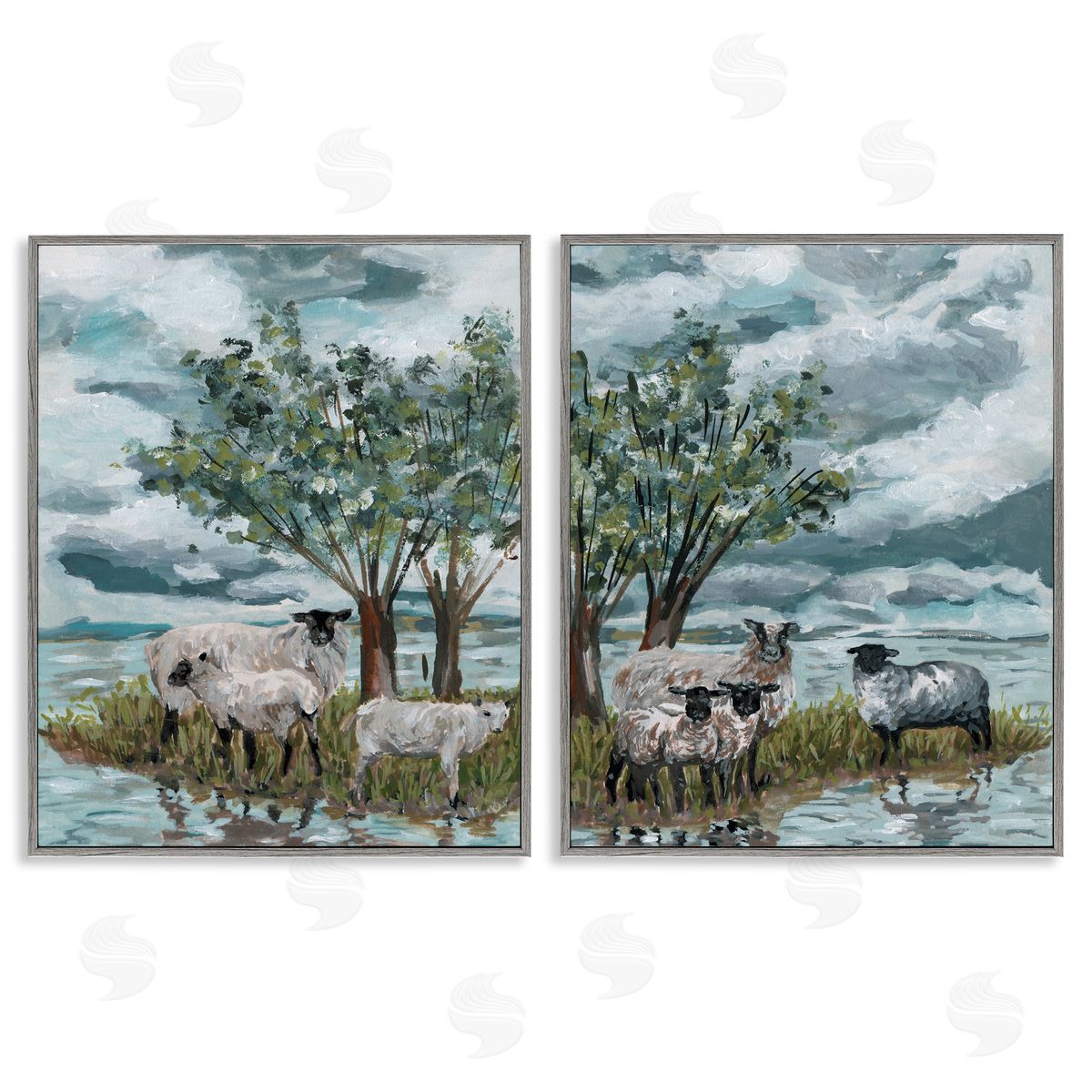 Melissa Wang Sheep in Field  Gray Framed Giclee Wall Art Print