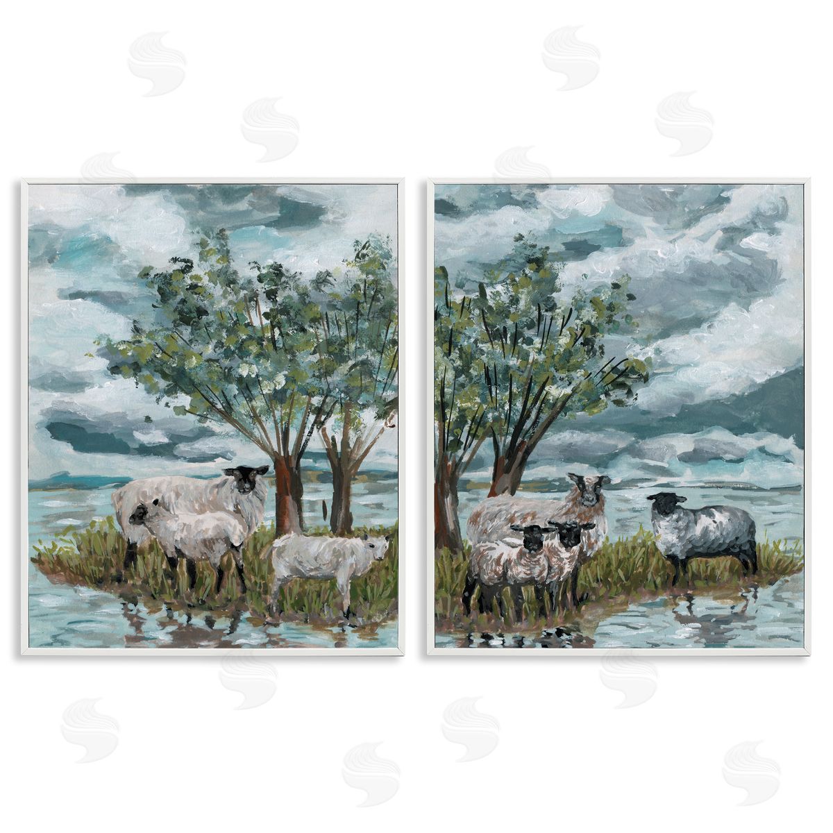 Melissa Wang Sheep in Field  White Framed Giclee Wall Art Print