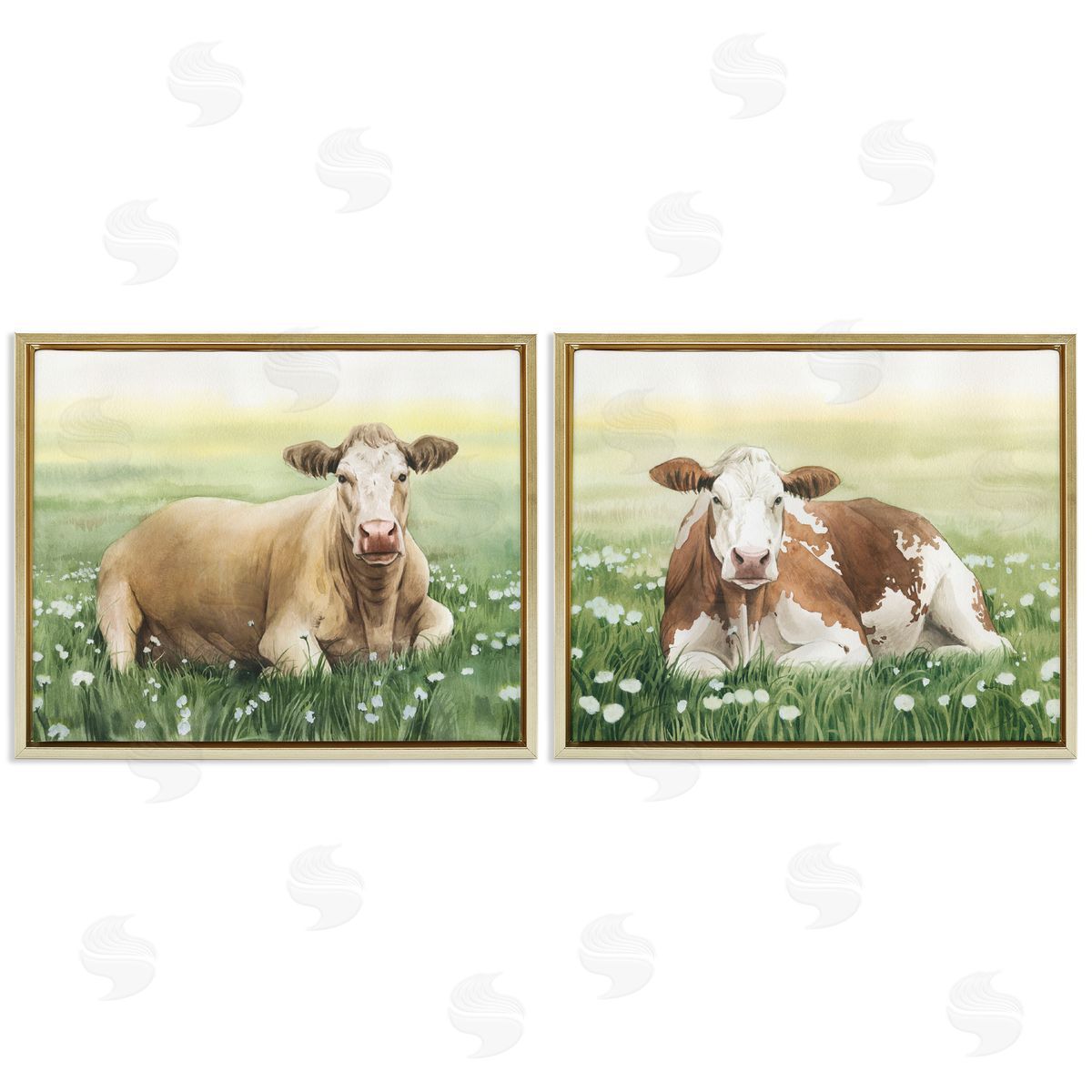 Grace Popp Cows Resting in Flower Field Gold Floating Frame Canvas Wall Art Print