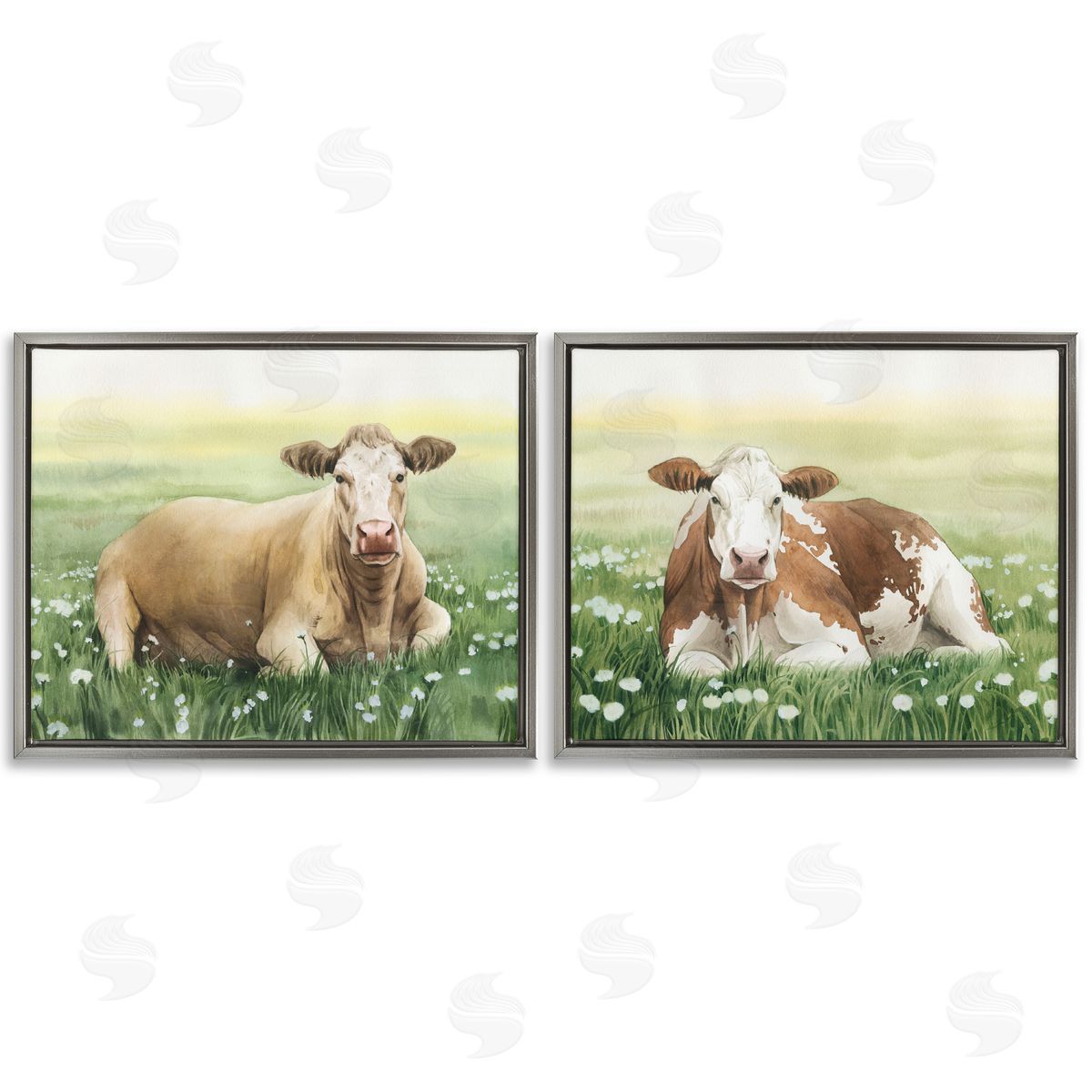 Grace Popp Cows Resting in Flower Field Gray Floating Frame Canvas Wall Art Print