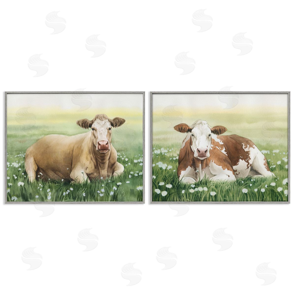 Grace Popp Cows Resting in Flower Field Gray Framed Giclee Wall Art Print