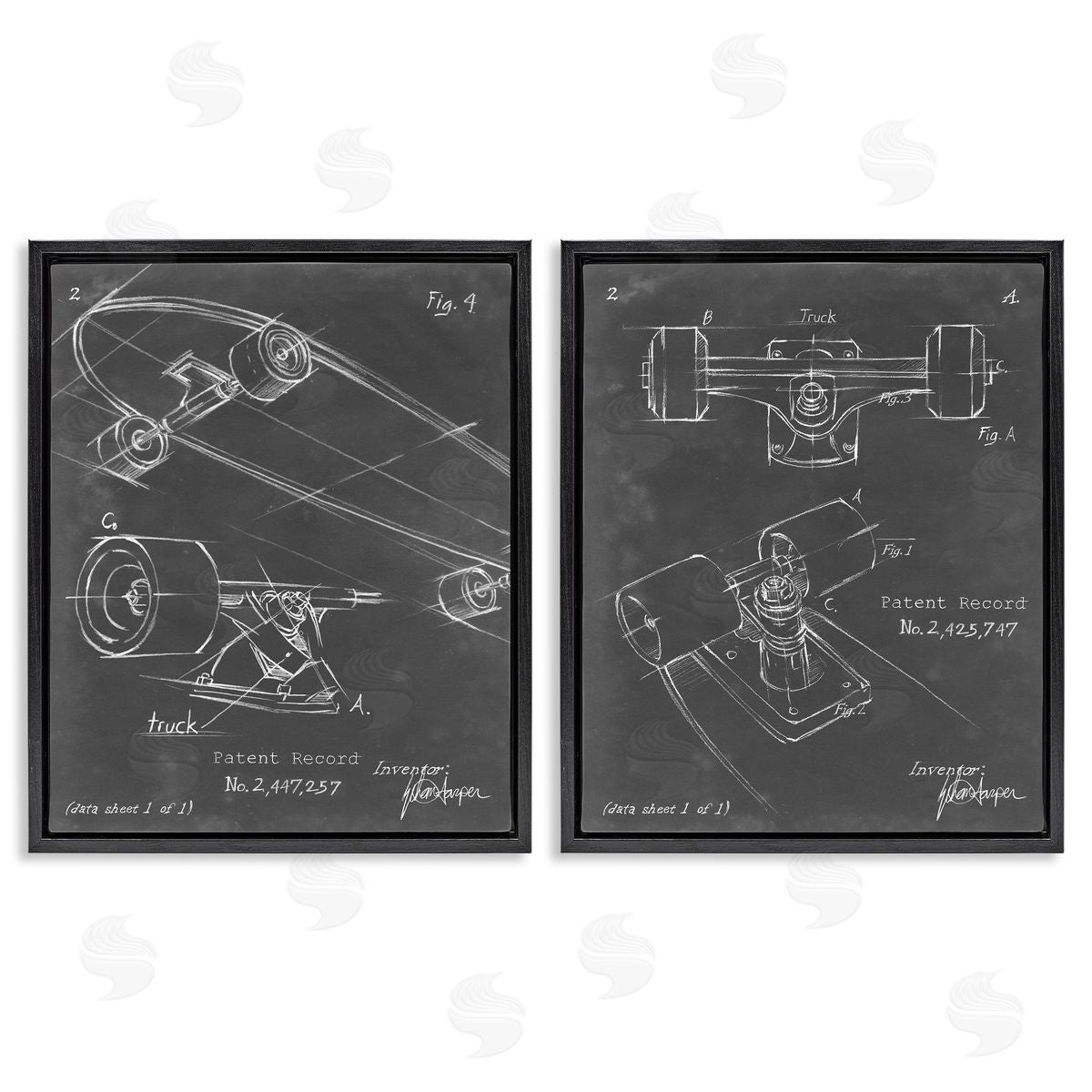 Ethan Harper Patent Diagram of Skateboard  Black Floating Frame Canvas Wall Art Print