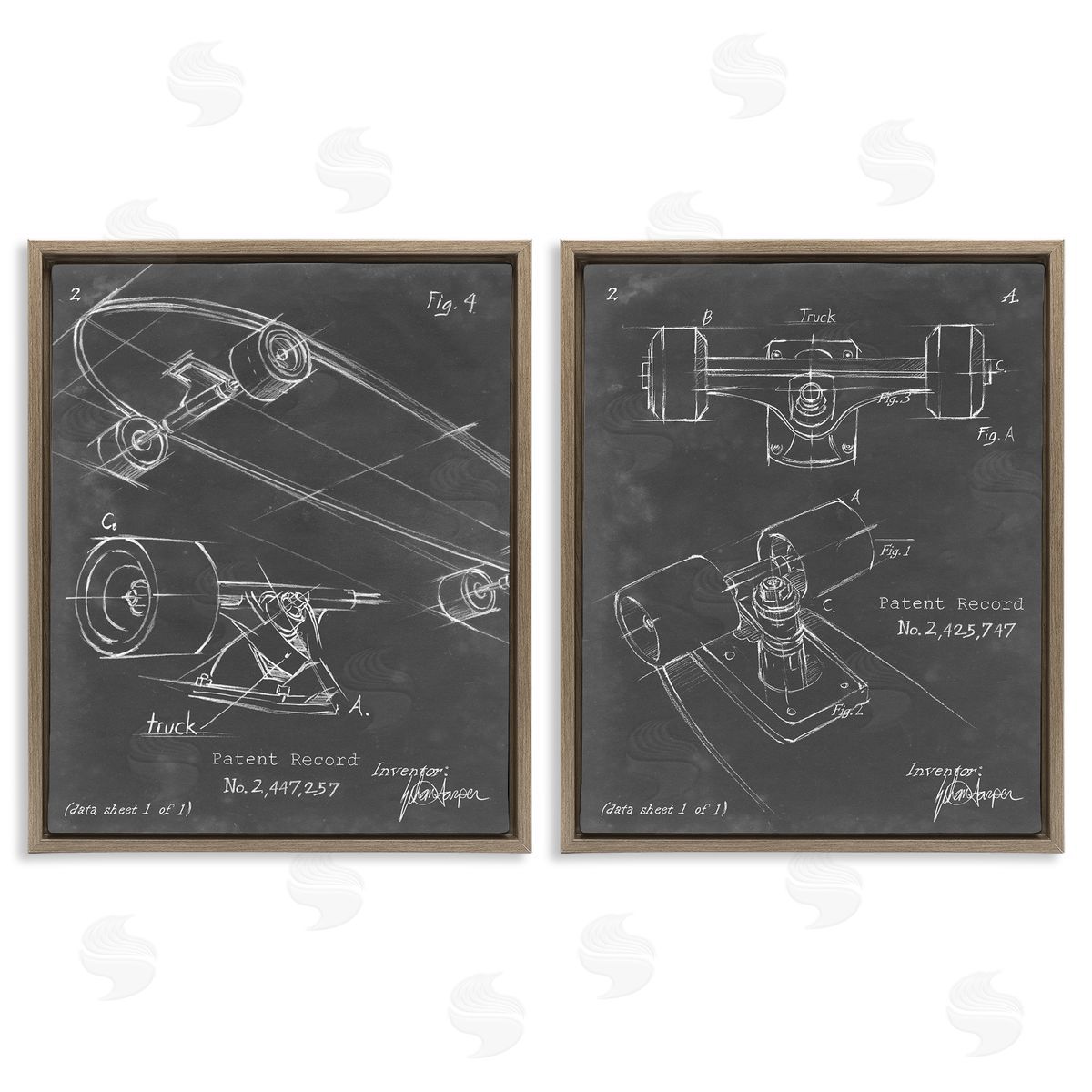 Ethan Harper Patent Diagram of Skateboard  Brown Floating Frame Canvas Wall Art Print