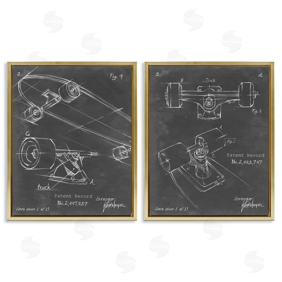 Ethan Harper Patent Diagram of Skateboard  Gold Floating Frame Canvas Wall Art Print