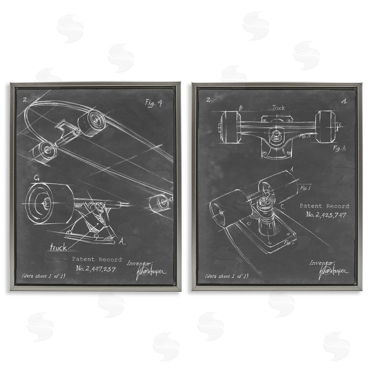 Ethan Harper Patent Diagram of Skateboard  Gray Floating Frame Canvas Wall Art Print