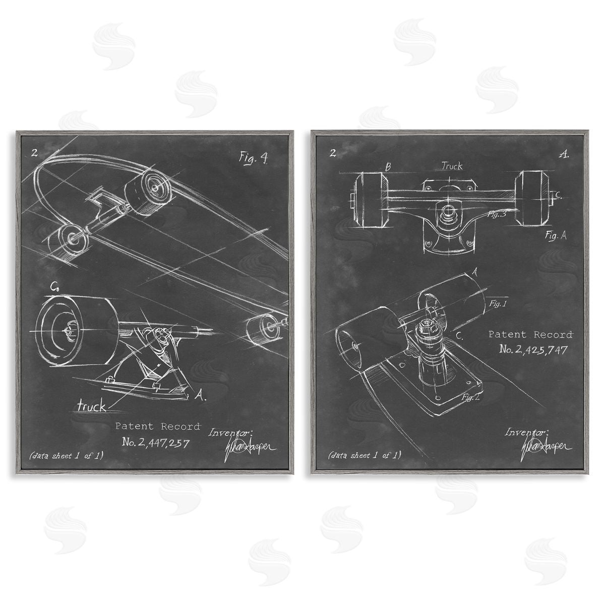 Ethan Harper Patent Diagram of Skateboard  Gray Framed Giclee Wall Art Print
