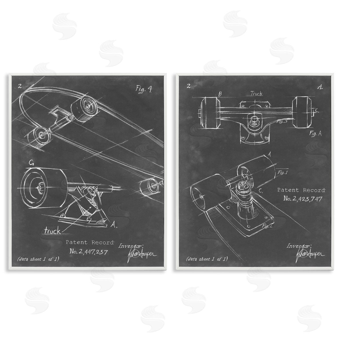 Ethan Harper Patent Diagram of Skateboard  White Framed Giclee Wall Art Print