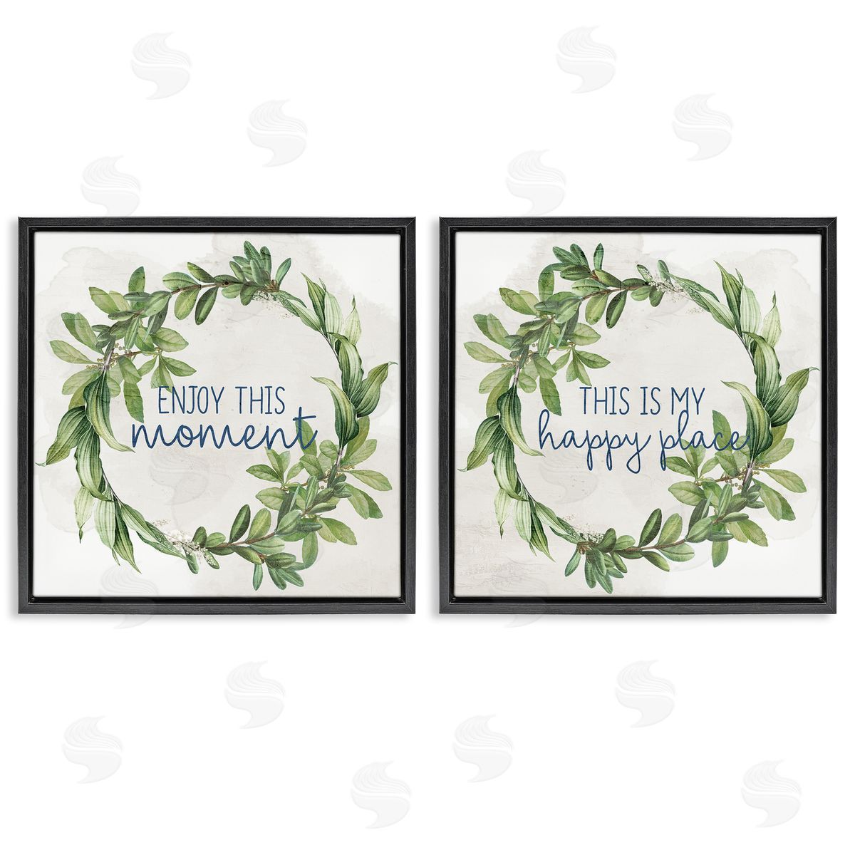 Anne Bailey Enjoy Happy Greenery Wreath  Black Floating Frame Canvas Wall Art Print