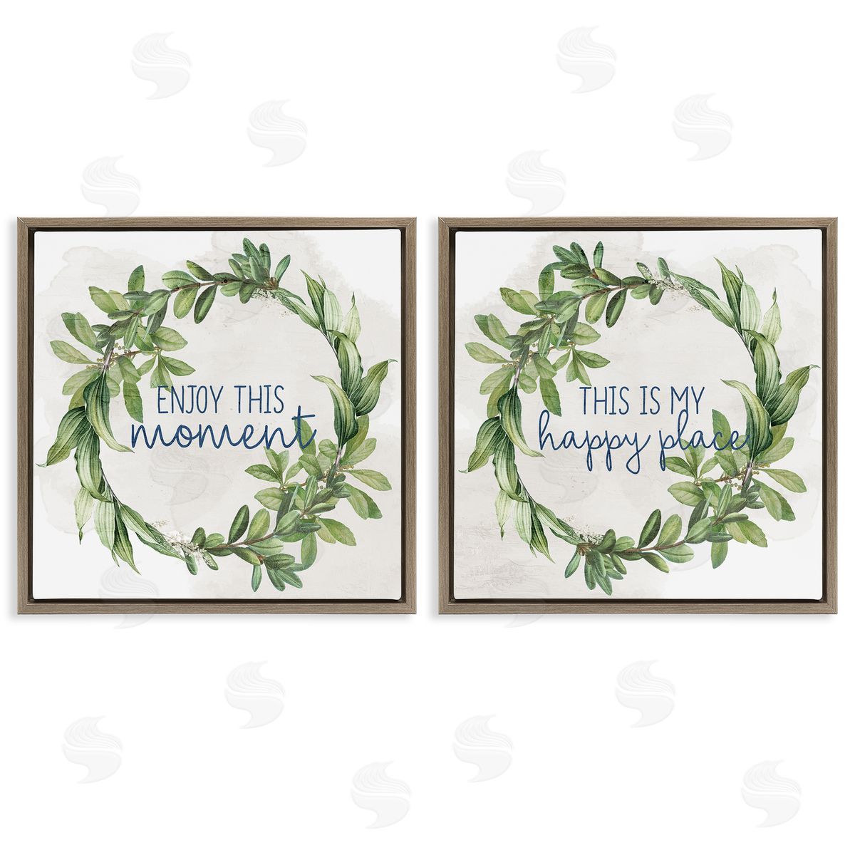 Anne Bailey Enjoy Happy Greenery Wreath  Brown Floating Frame Canvas Wall Art Print