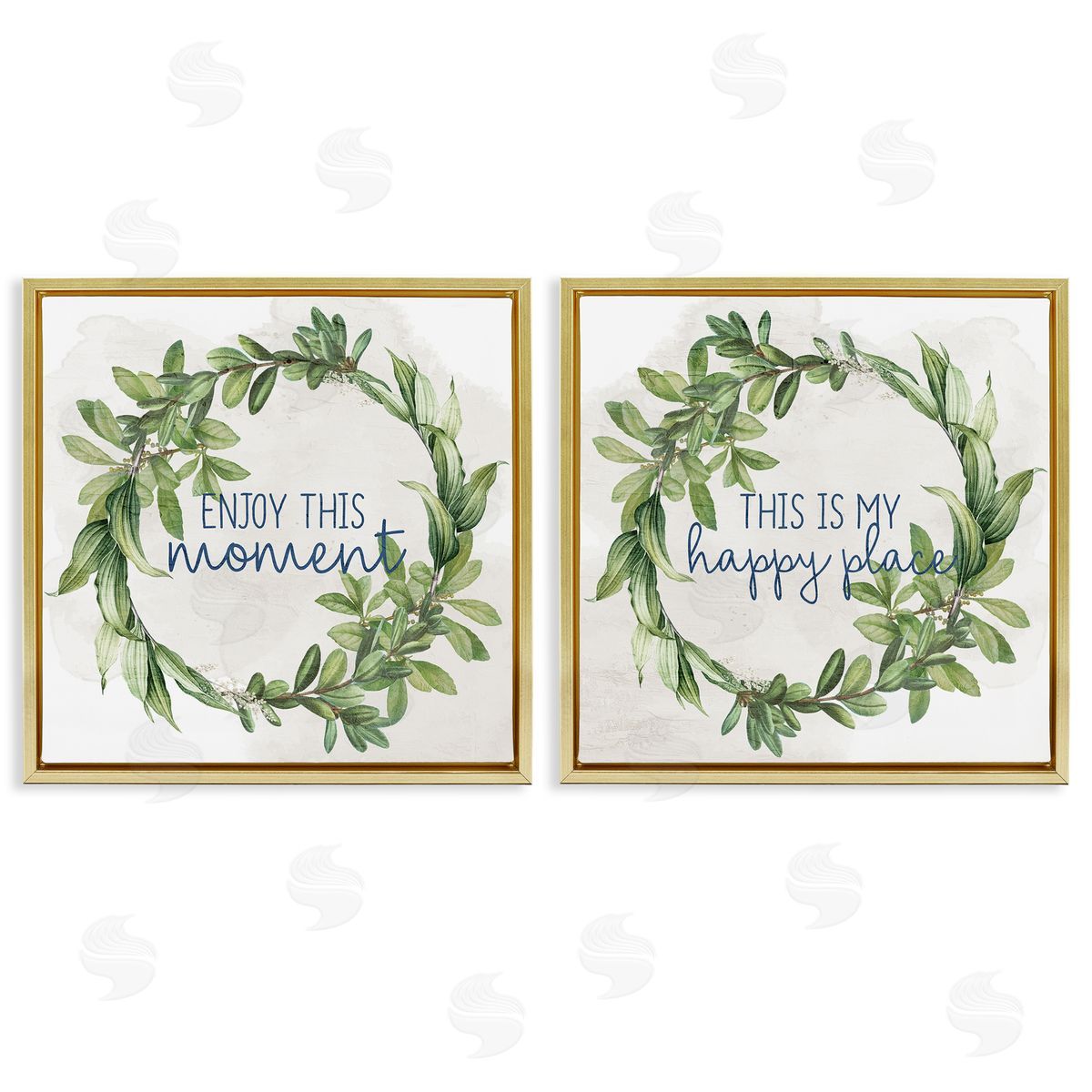 Anne Bailey Enjoy Happy Greenery Wreath  Gold Floating Frame Canvas Wall Art Print