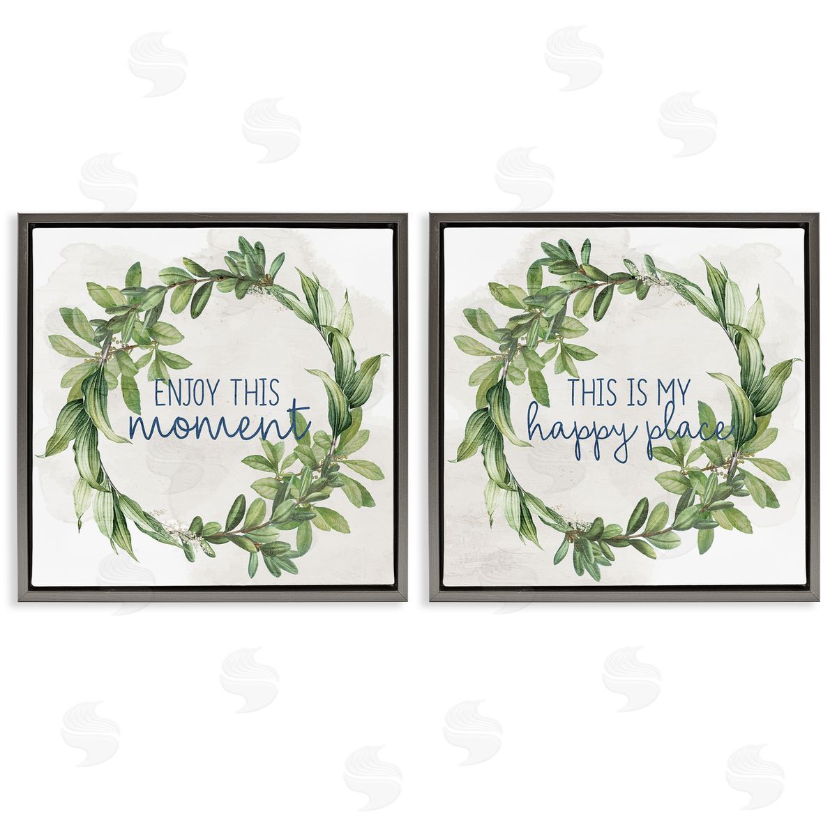 Anne Bailey Enjoy Happy Greenery Wreath  Gray Floating Frame Canvas Wall Art Print