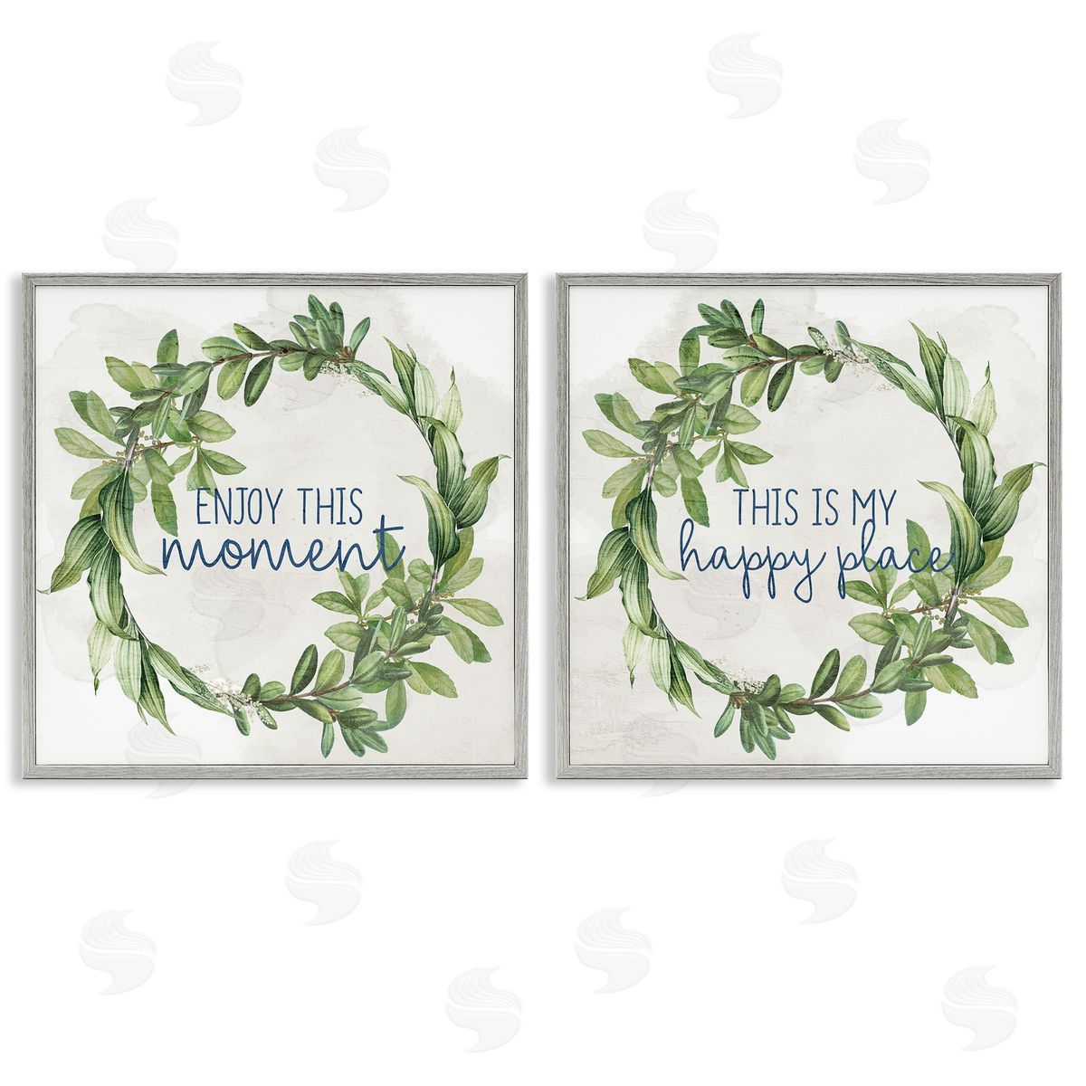 Anne Bailey Enjoy Happy Greenery Wreath  Gray Framed Giclee Wall Art Print