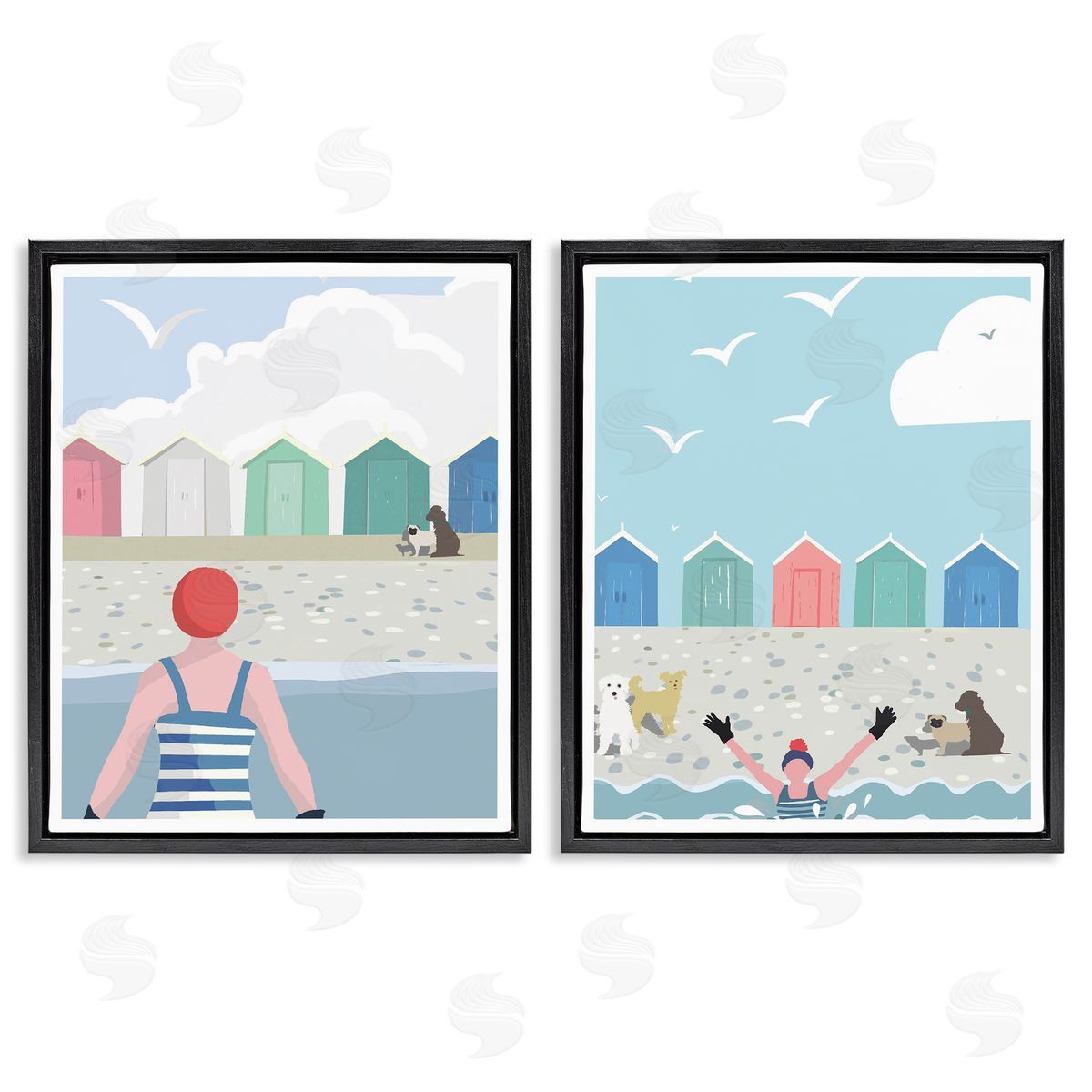 Betty Boynes Beach Changing Huts Dogs  Black Floating Frame Canvas Wall Art Print
