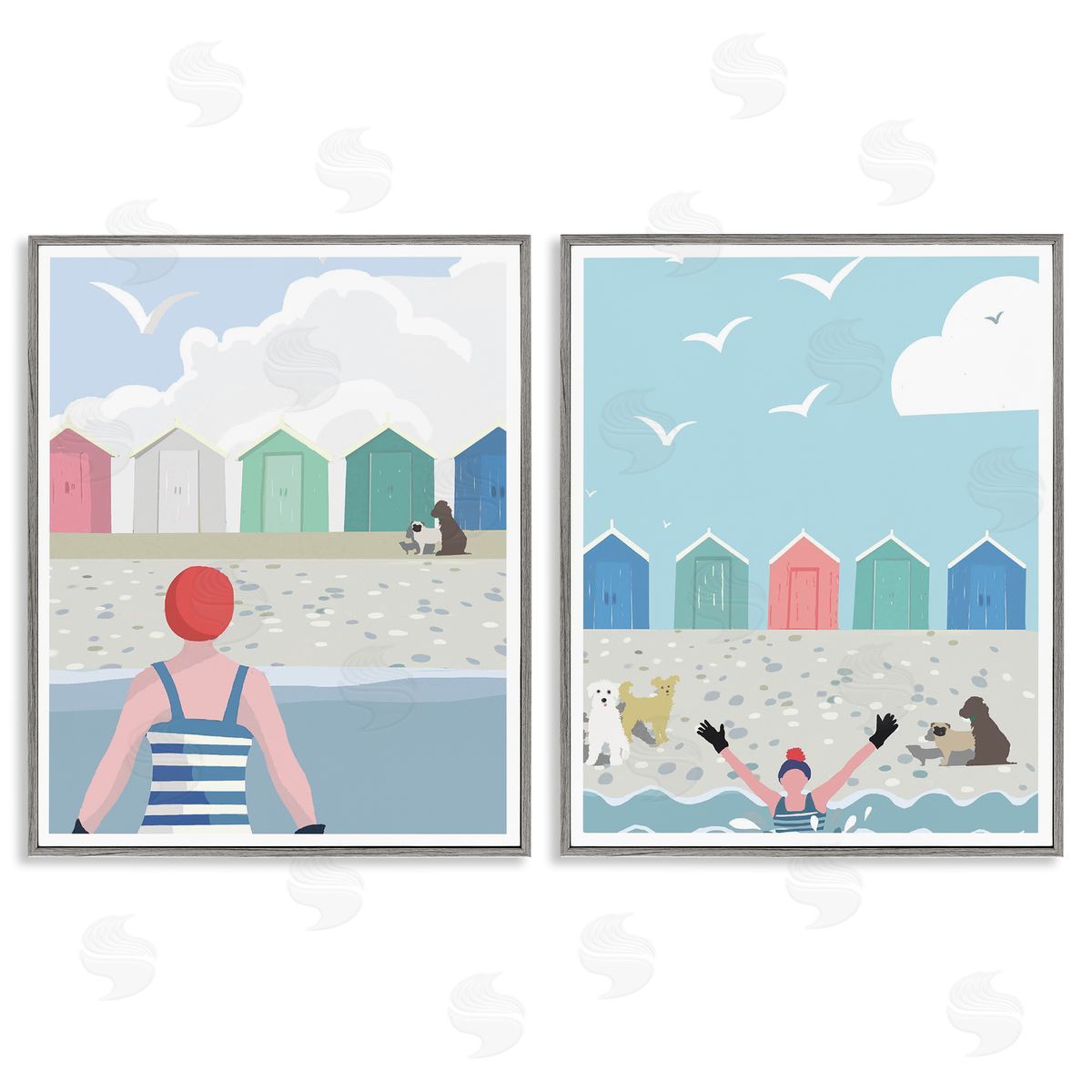 Betty Boynes Beach Changing Huts Dogs  Gray Framed Giclee Wall Art Print