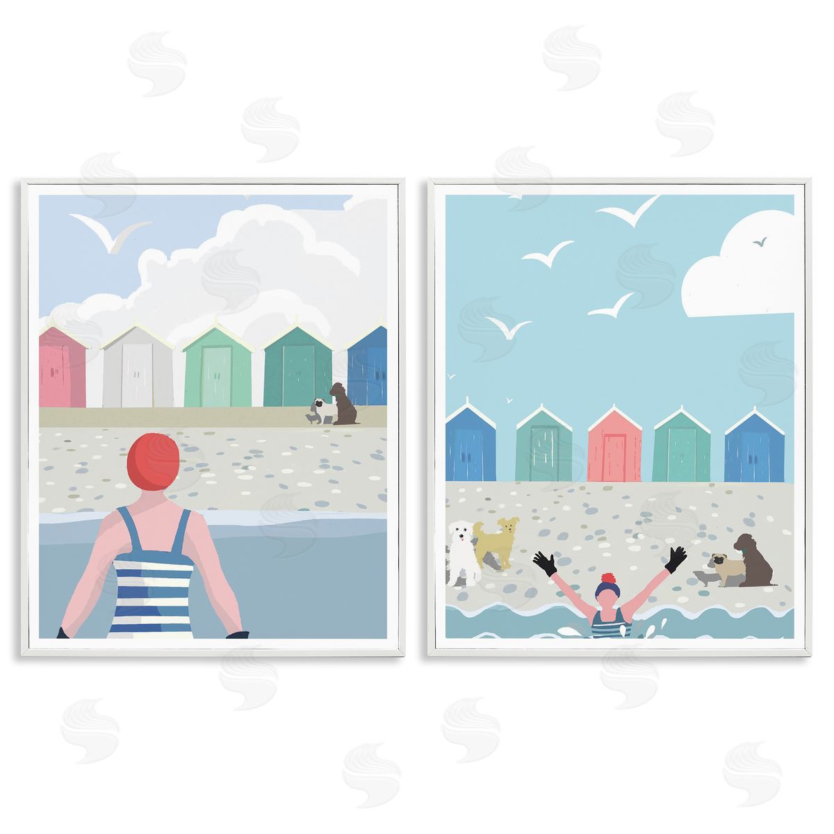 Betty Boynes Beach Changing Huts Dogs  White Framed Giclee Wall Art Print
