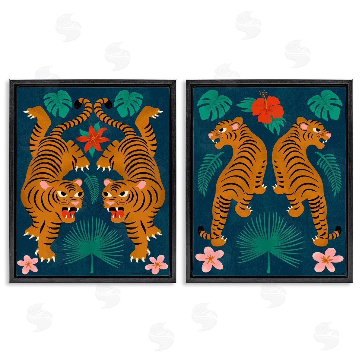 Carrie Cantwell Twin Jungle Tigers  Black Floating Frame Canvas Wall Art Print